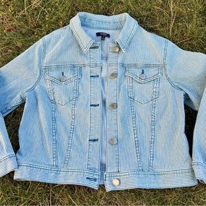 NYDJ striped button denim jacket S railroad pin stripes cropped stretch